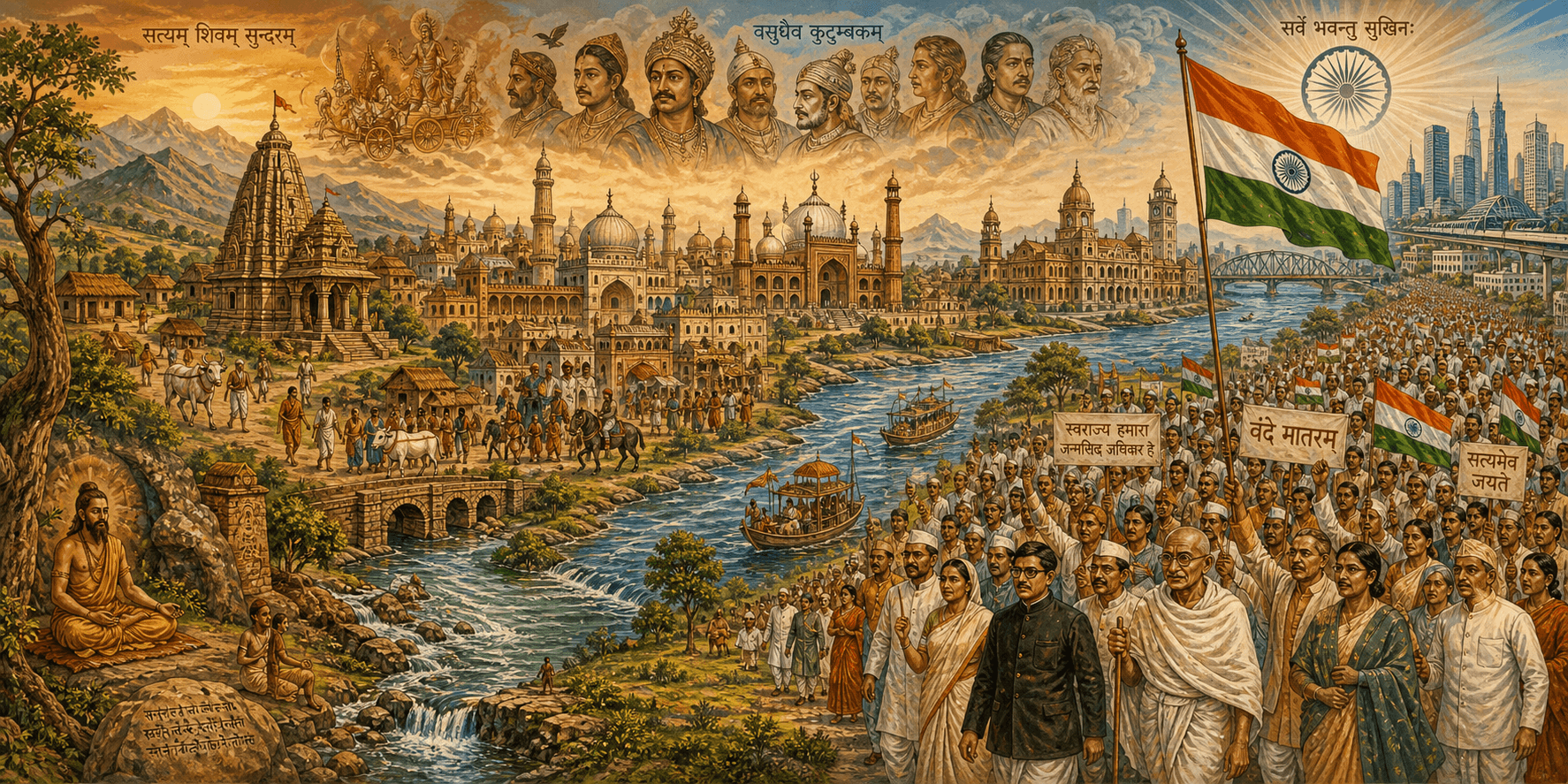A mural timeline of Indian history from the Indus seals to the freedom movement